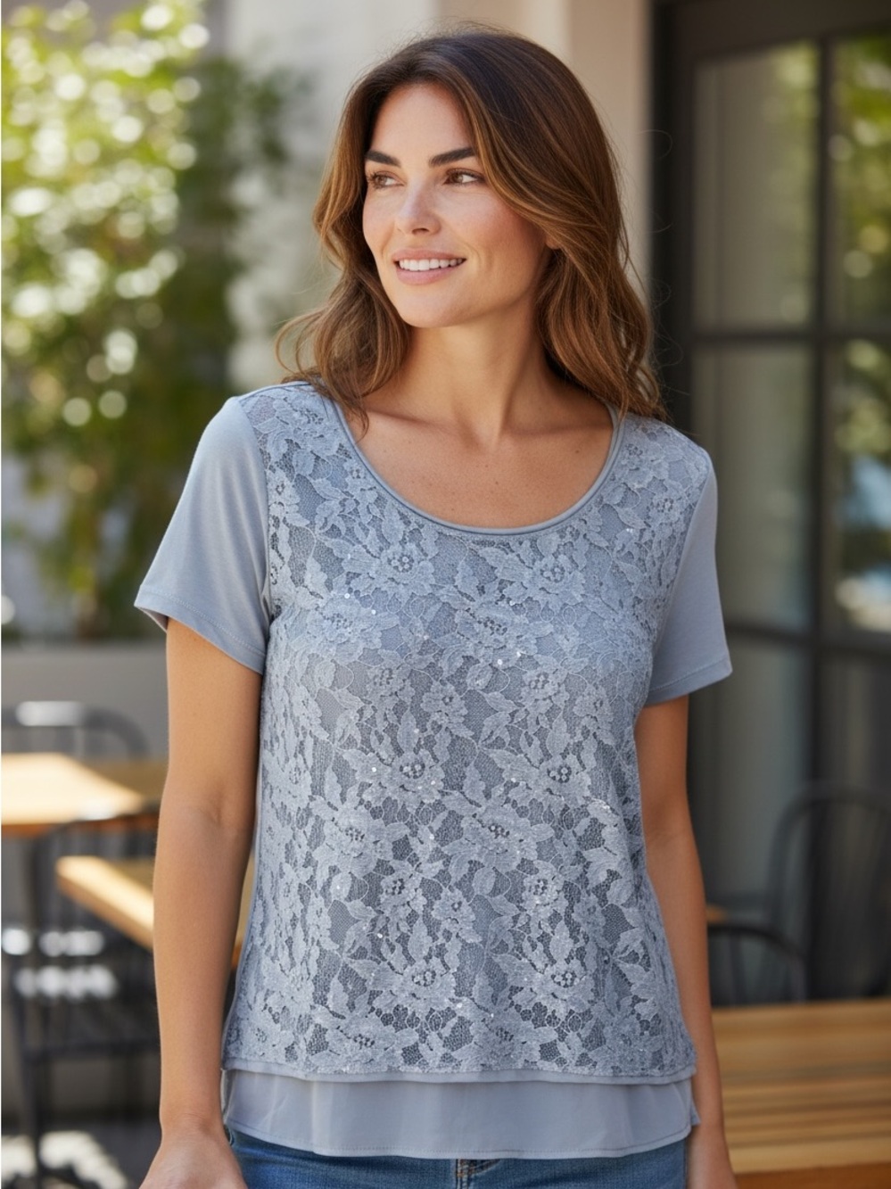 Abercrombie & Fitch Light Gray Lace Front Short Sleeve Tee